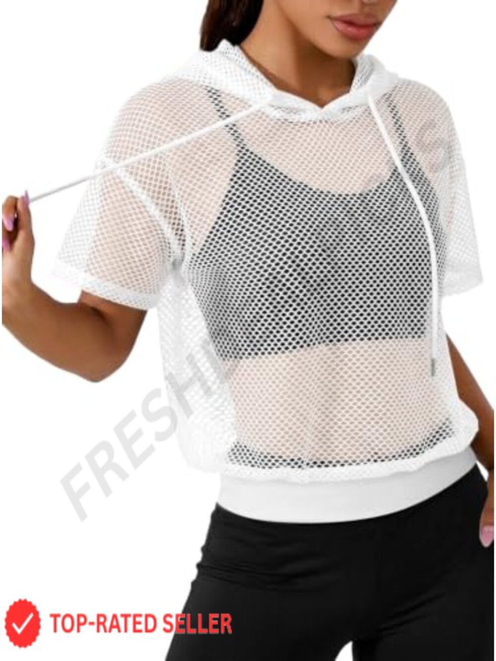Women's Sheer Mesh Hooded Workout Crop Top Loose Fit Activewear